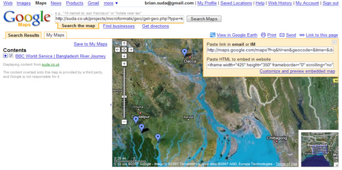 Geo data from the BBC web page displayed in Google Maps