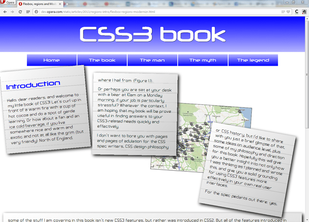 A css regions example showing a complicated layout with content flowed into different boxes