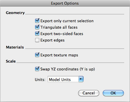 SketchUp Pro Export Options dialog box