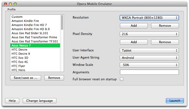 The Opera Mobile Emulator’s Profile Selector