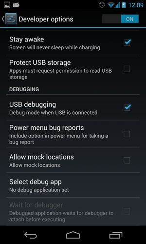 Android developer options with 'Stay Awake' option checked