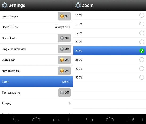 Opera Mobile's Zoom settings