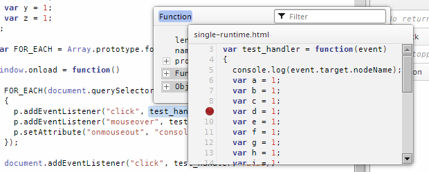 A function source tooltip overlay, shown over a function inspection overlay.