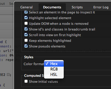Changing the preferred color format in  Settings → Documents → Styles