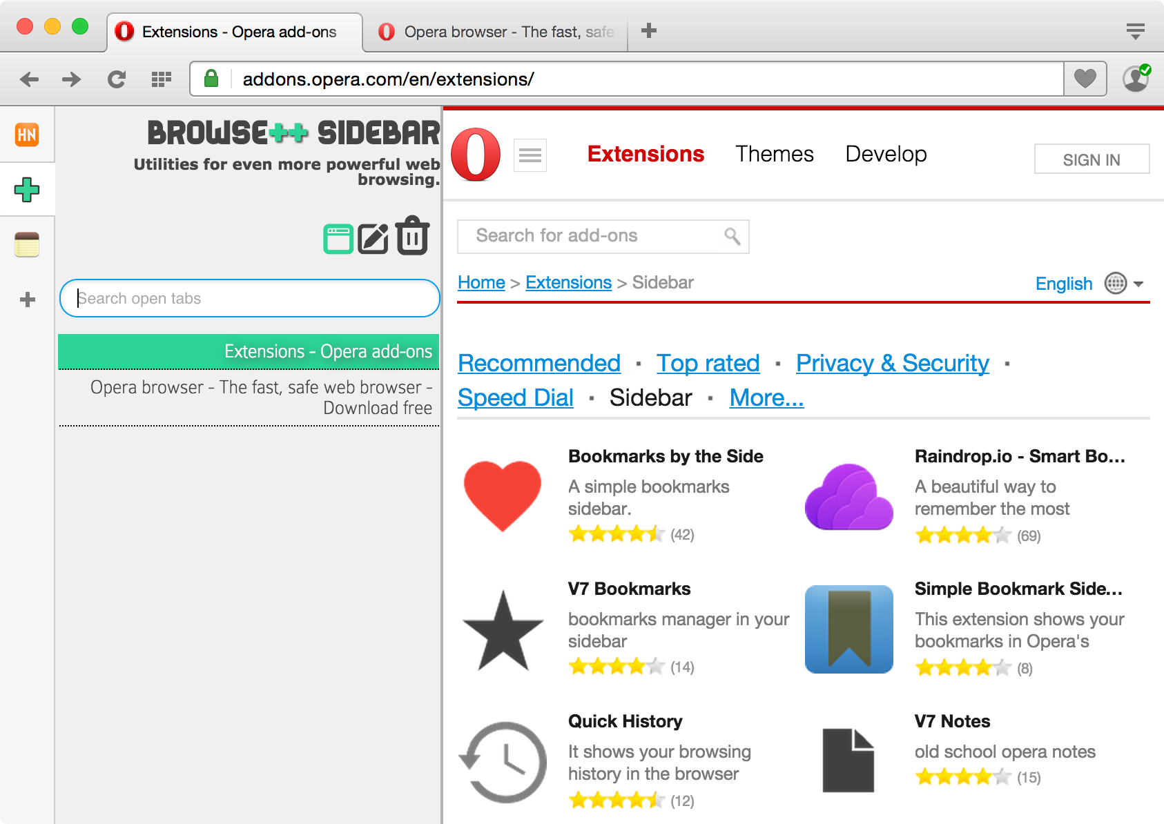 Opera 30 running sidebar extensions