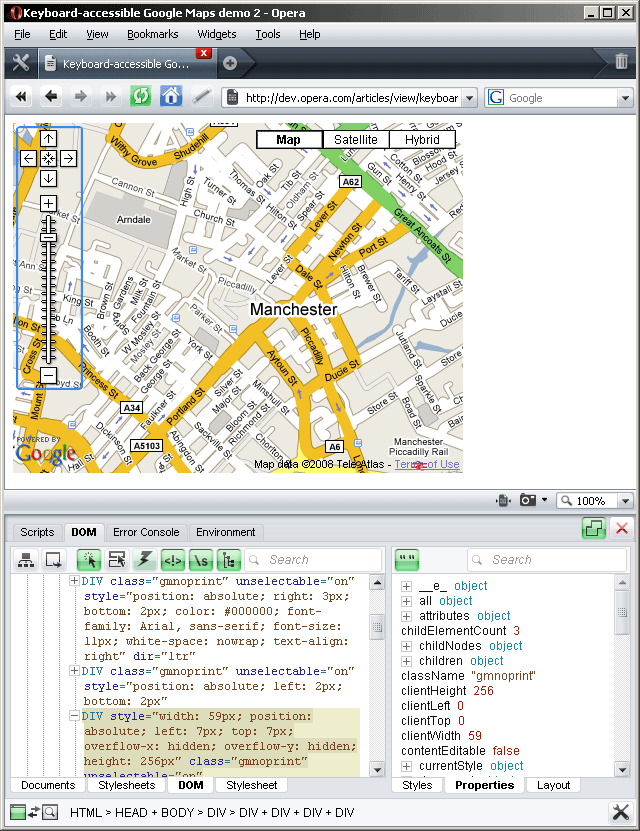 Opera Dragonfly, showing an extract of the DOM generated by the Google Maps API.