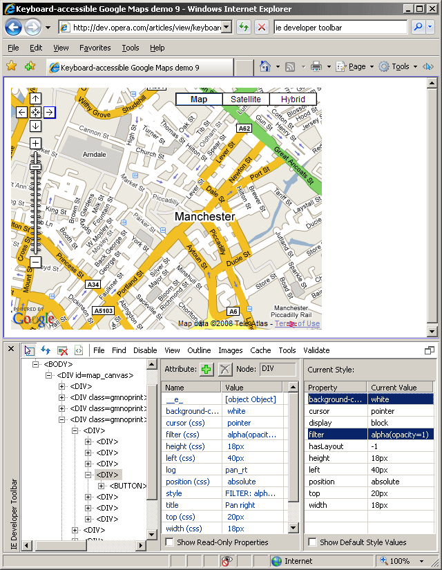 Internet Explorer Developer Toolbar, showing the computed CSS properties of one of the control divs—background-color and filter:alpha(opacity=1) are highlighted.