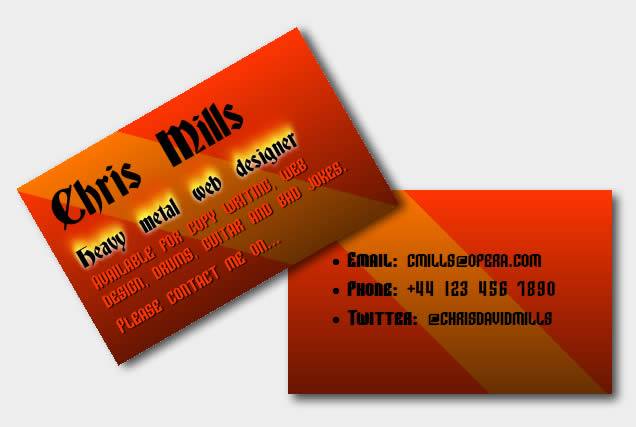 A business card created using CSS3. In browsers that don’t support 3D transforms but do support 2D transforms, the front of the card moves over with a nice animation to reveal the back