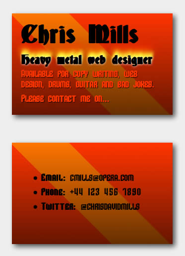 A business card created using CSS3. In browsers that do support 3D transforms the card flips over with a nice animation