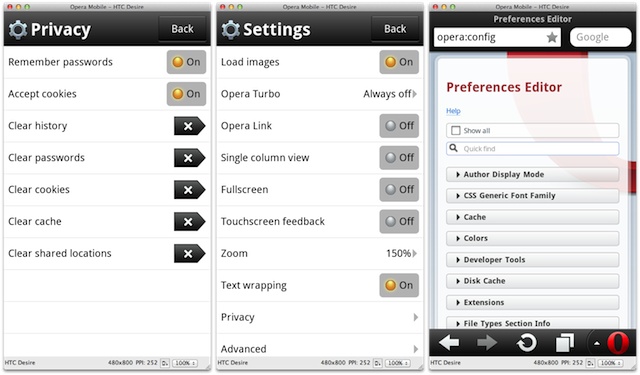 Settings, Privacy and opera:config