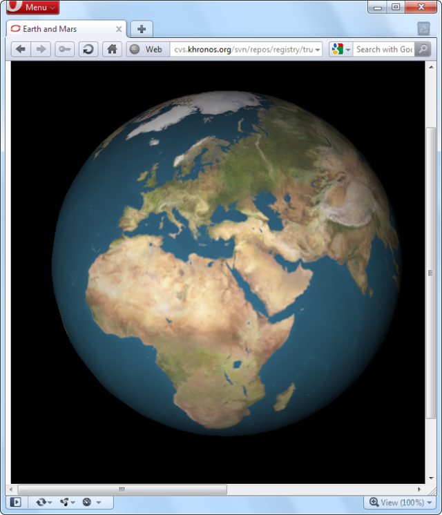 A WebGL demo running in the Opera 11 preview with WebGL and Hardware Acceleration for Windows
